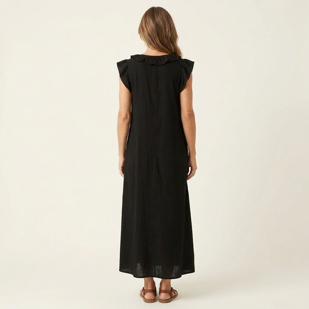 Josette | Vestido Maxi de Lino con Volantes en Escote en V