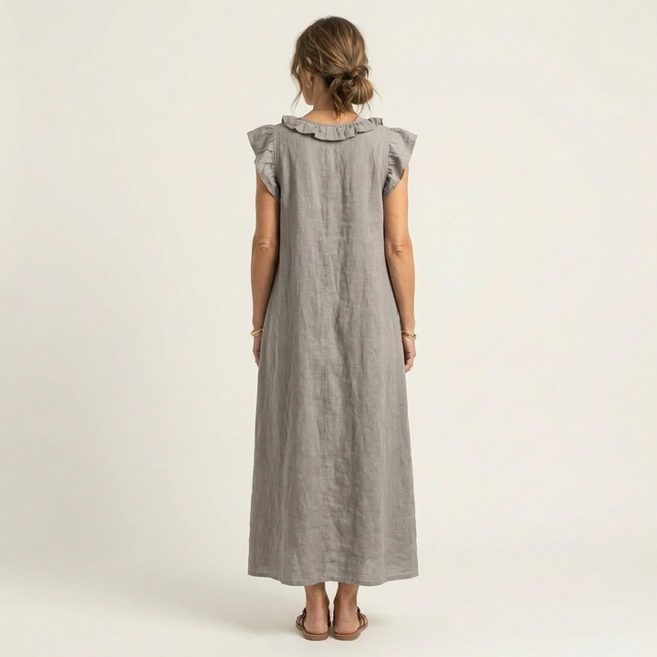 Josette | Vestido Maxi de Lino con Volantes en Escote en V