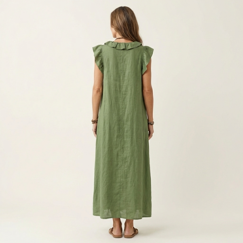 Josette | Vestido Maxi de Lino con Volantes en Escote en V