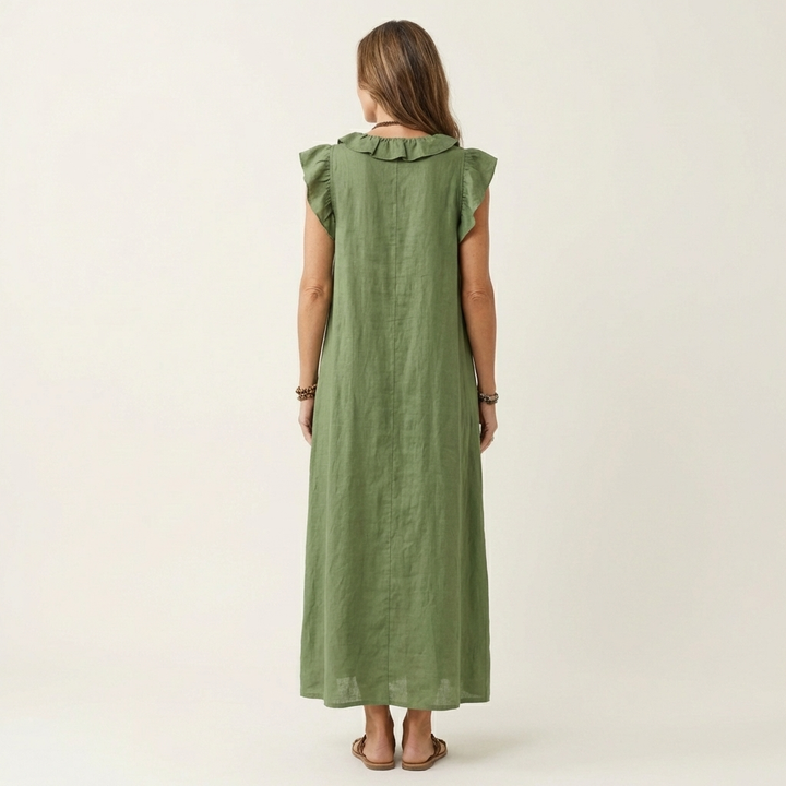 Josette | Vestido Maxi de Lino con Volantes en Escote en V