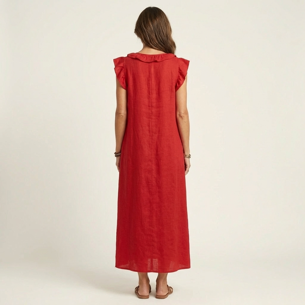 Josette | Vestido Maxi de Lino con Volantes en Escote en V