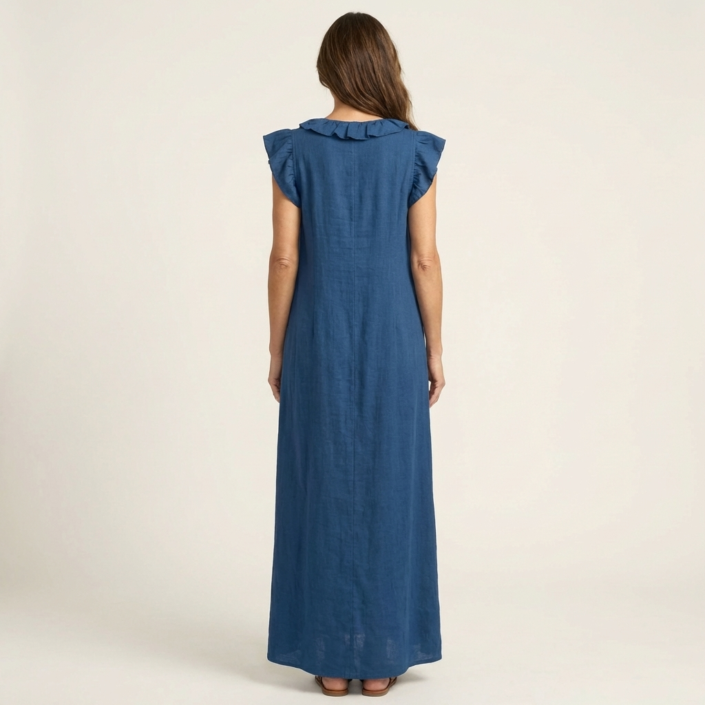 Josette | Vestido Maxi de Lino con Volantes en Escote en V