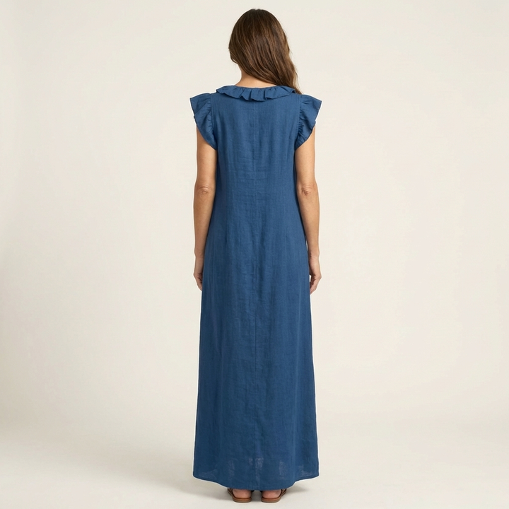 Josette | Vestido Maxi de Lino con Volantes en Escote en V