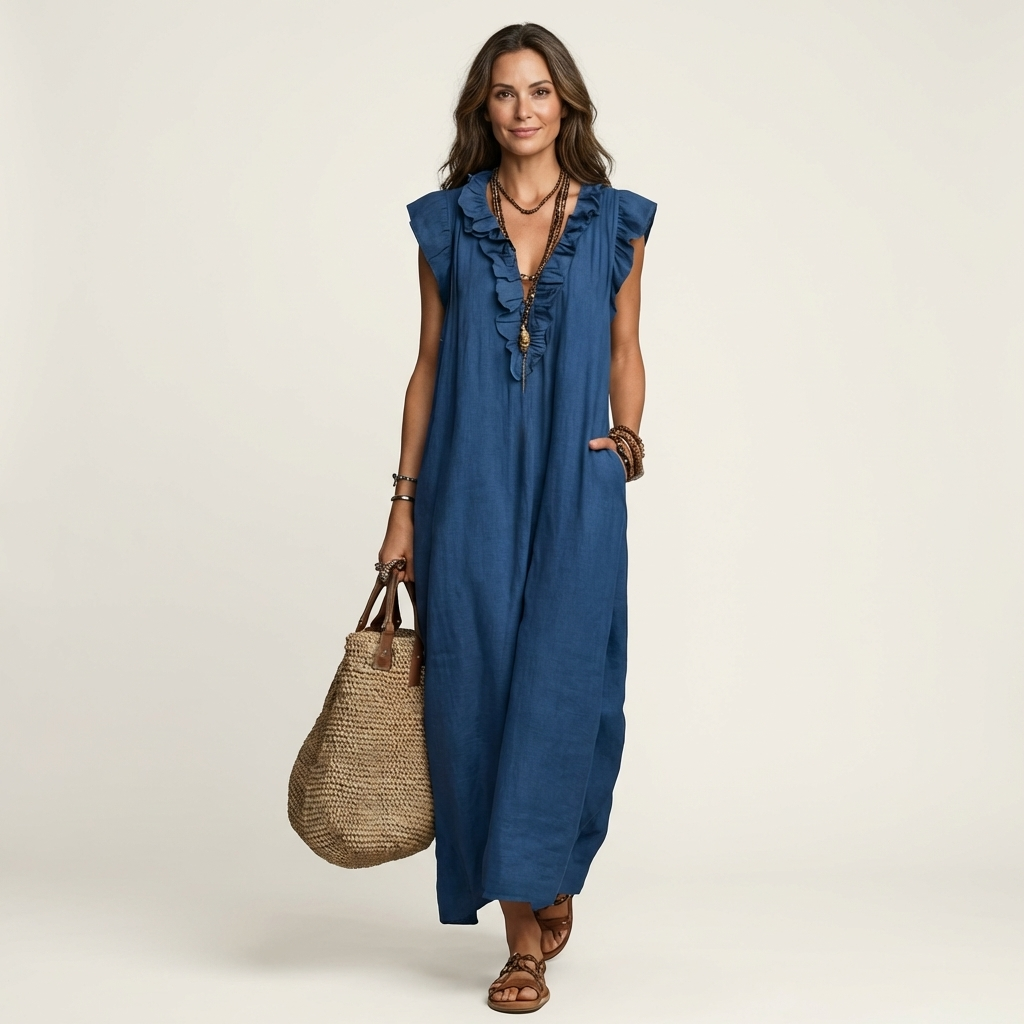 Josette | Vestido Maxi de Lino con Volantes en Escote en V