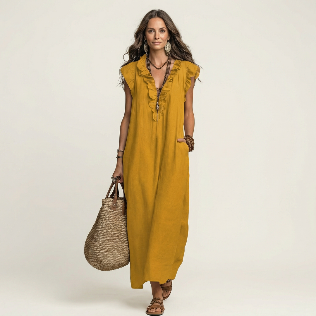 Josette | Vestido Maxi de Lino con Volantes en Escote en V