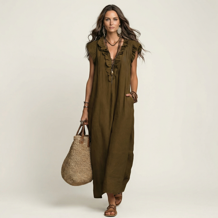 Josette | Vestido Maxi de Lino con Volantes en Escote en V