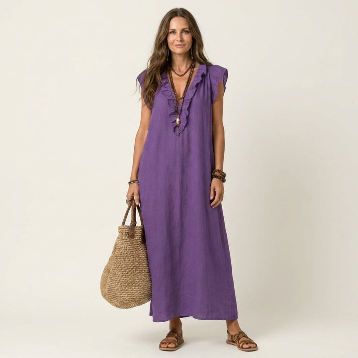 Josette | Vestido Maxi de Lino con Volantes en Escote en V
