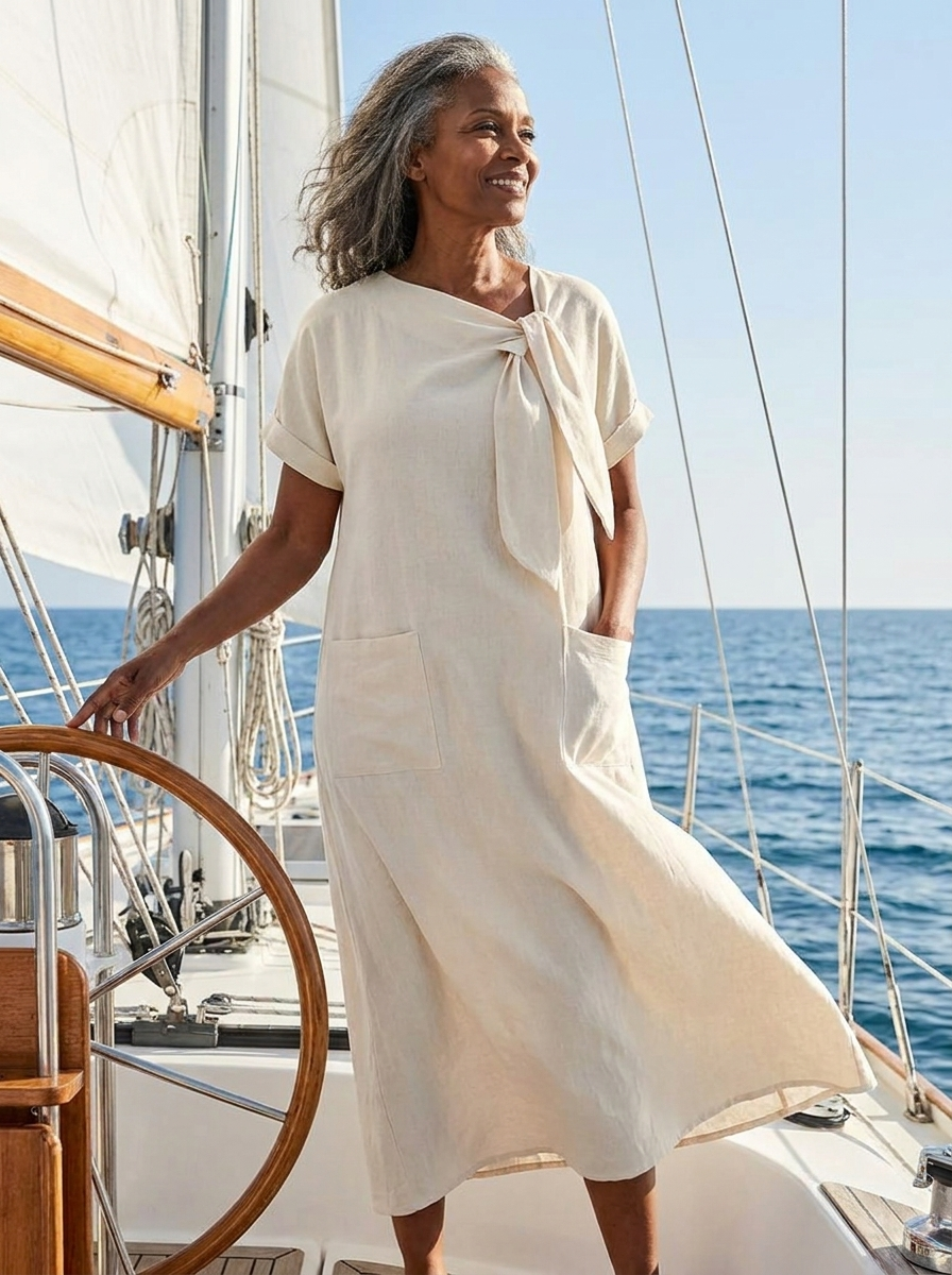Elowyn | Vestido Maxi de Cuello Redondo y Manga Corta con Bolsillo