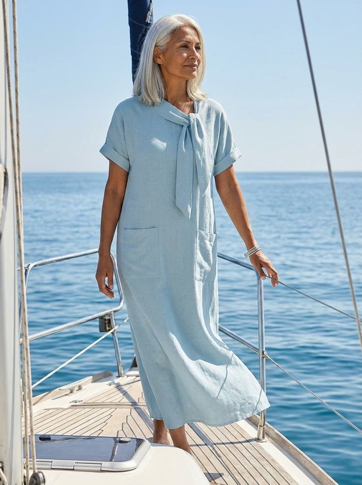 Elowyn | Vestido Maxi de Cuello Redondo y Manga Corta con Bolsillo