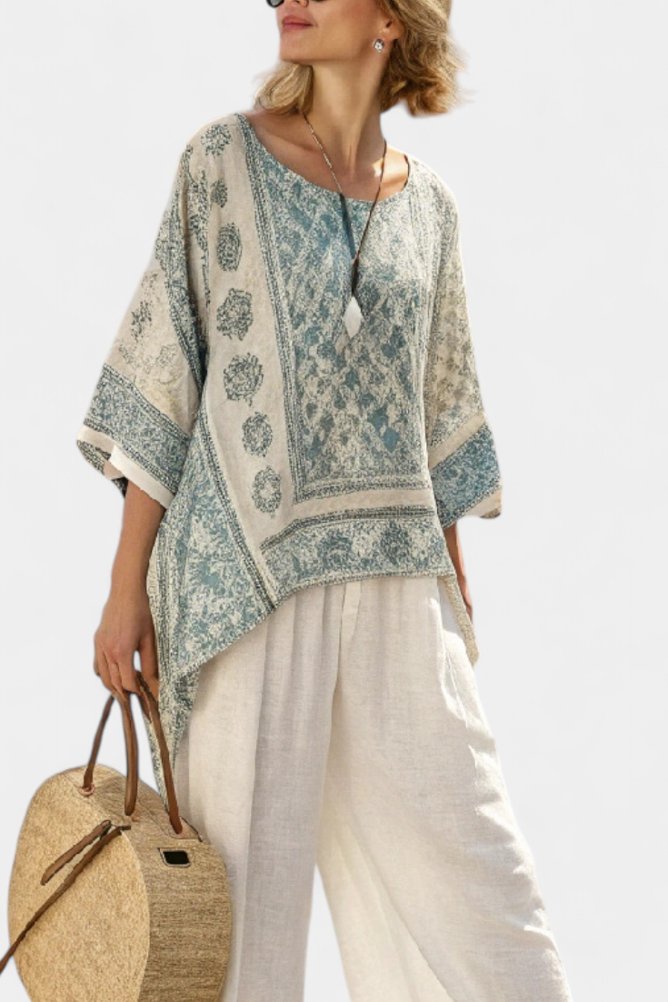 Blouse imprimée confortable et pantalon blanc à jambes larges