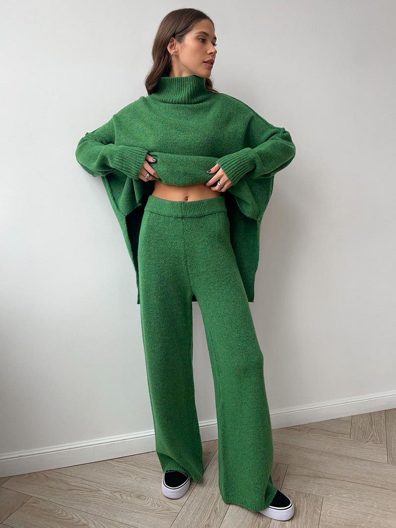 Ensemble pantalon en tricot à col roulé uni