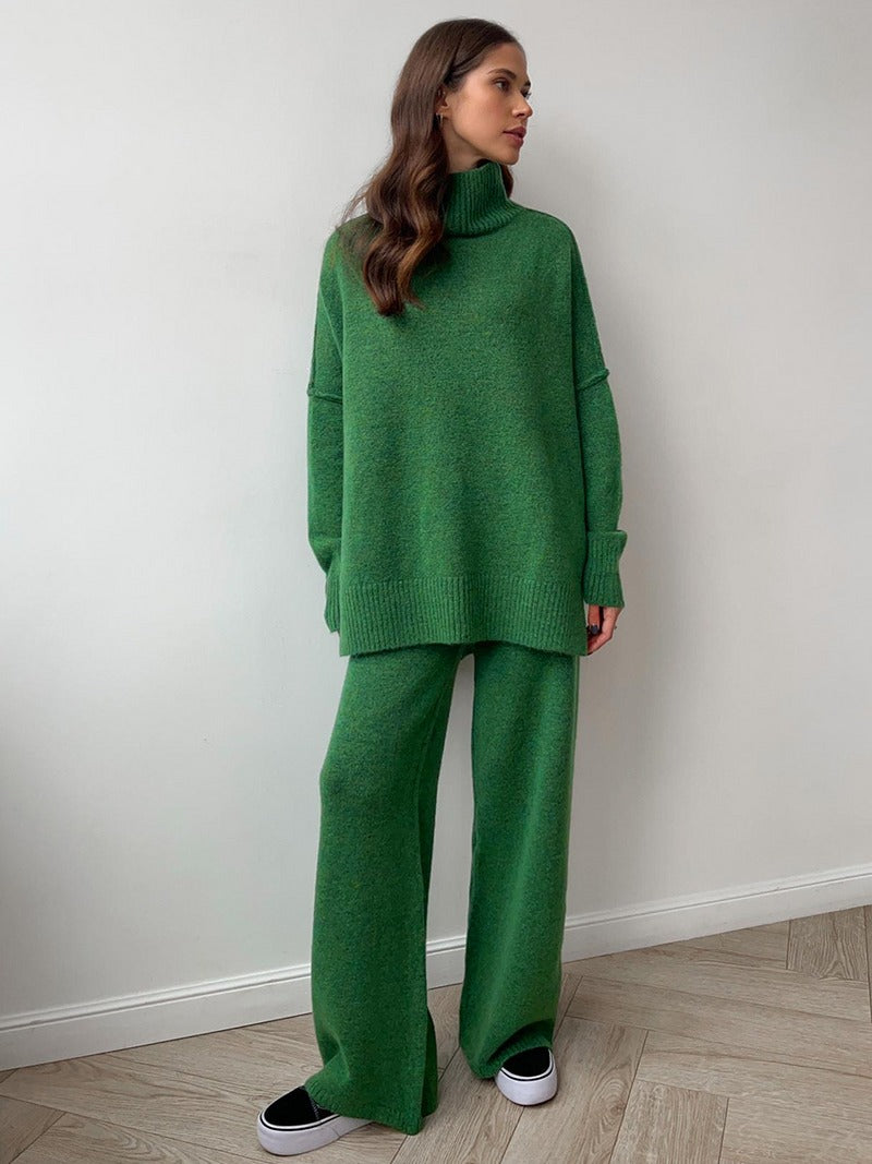 Ensemble pantalon en tricot à col roulé uni