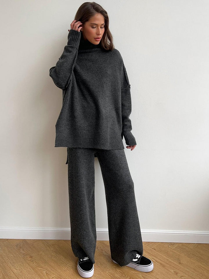 Ensemble pantalon en tricot à col roulé uni