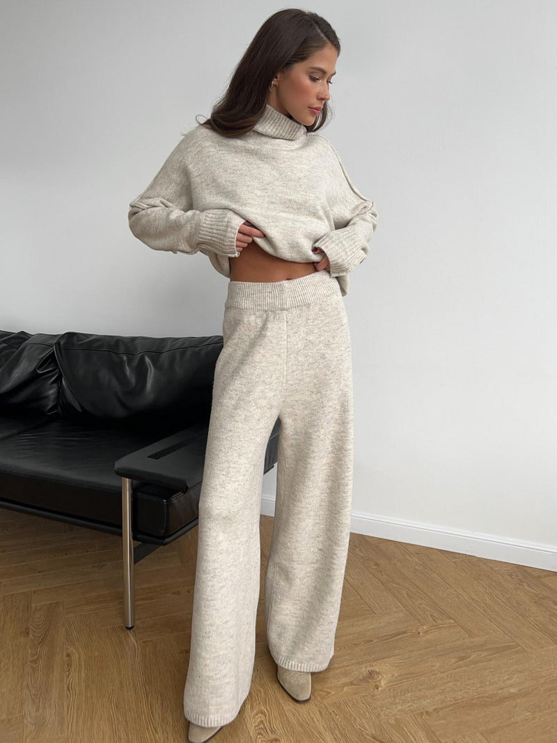 Ensemble pantalon en tricot à col roulé uni