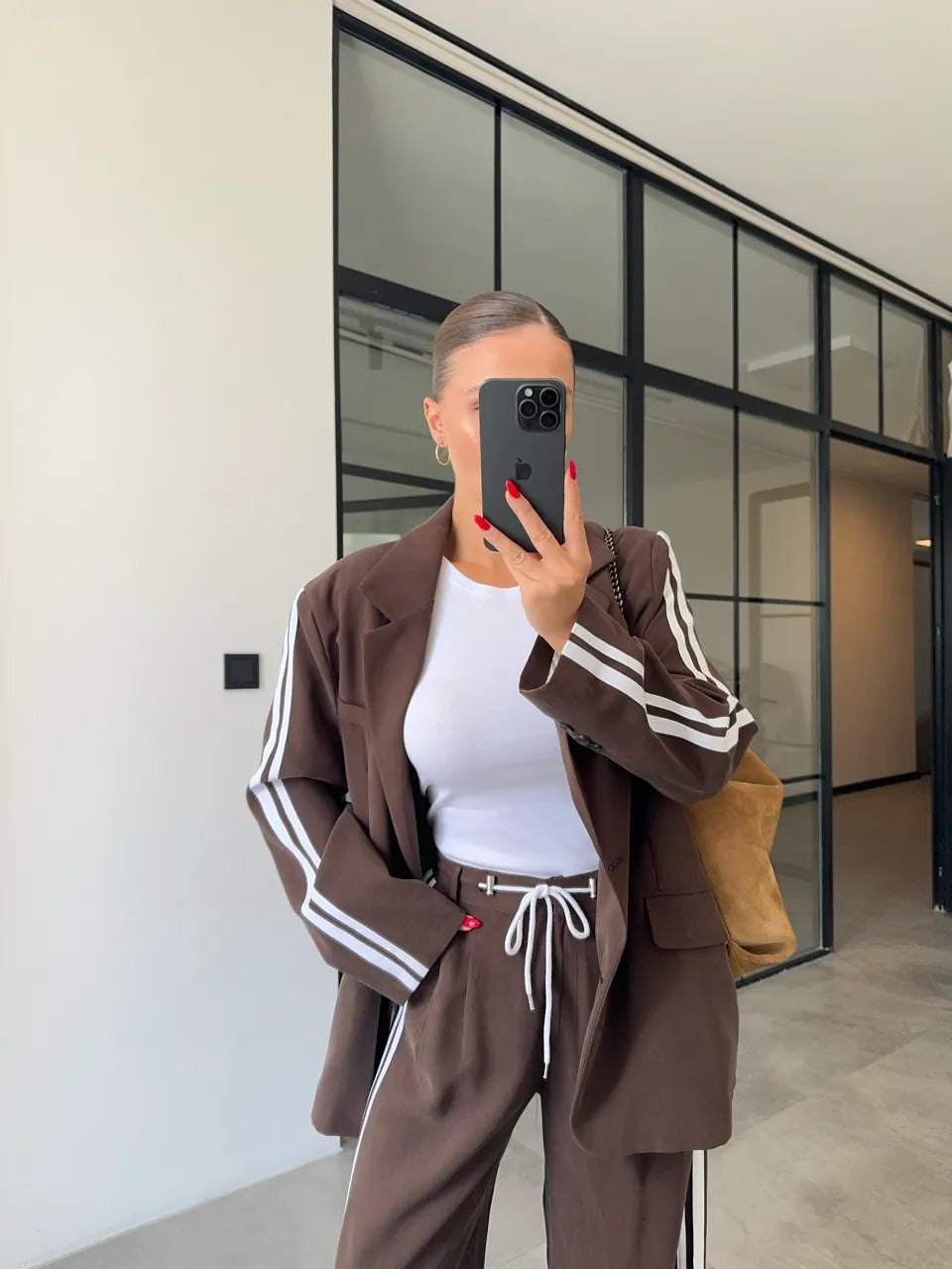 Ensemble blazer rayés pantalon large et ceinture corde