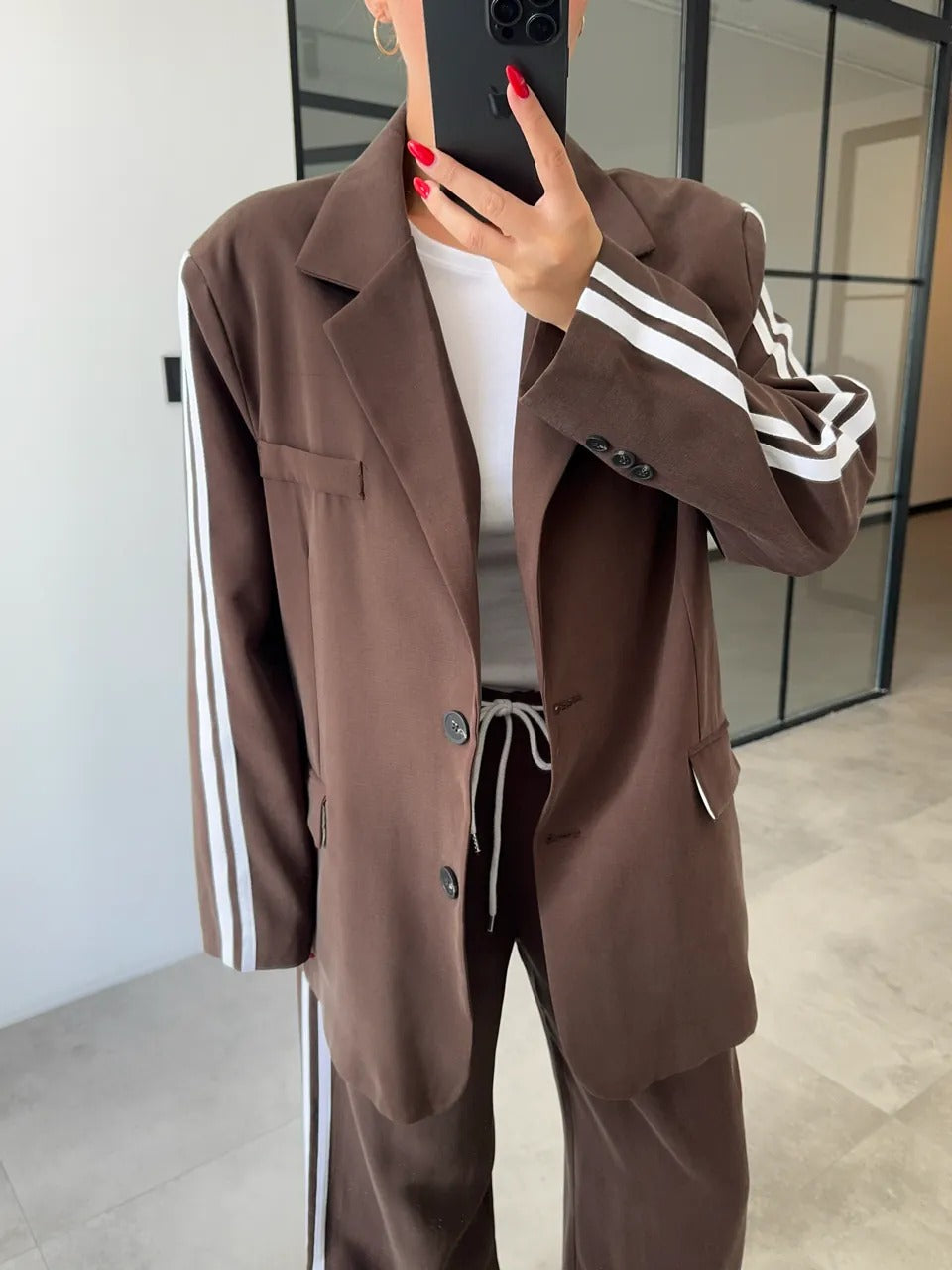 Ensemble blazer rayés pantalon large et ceinture corde