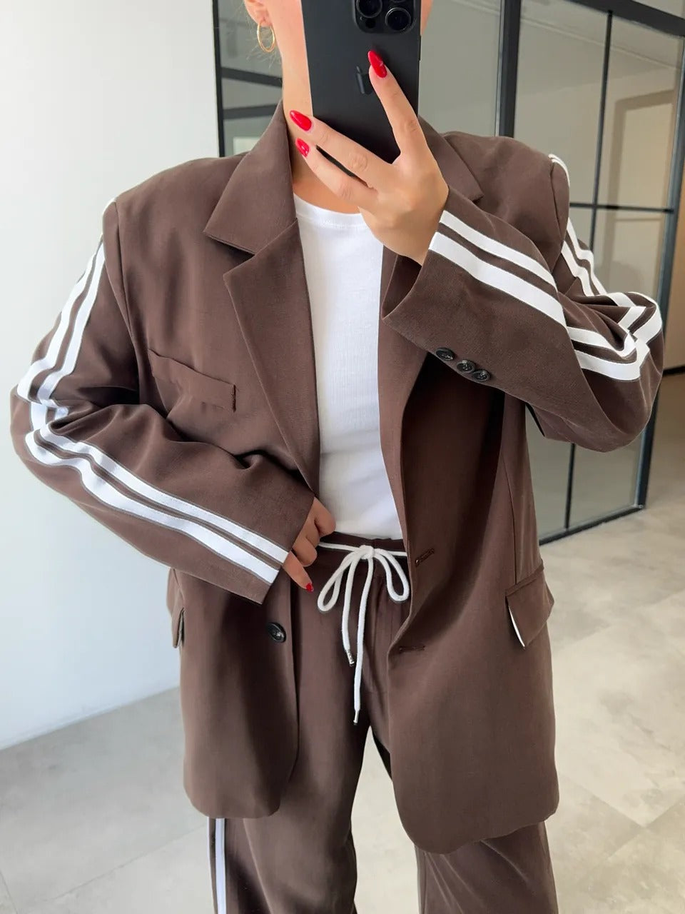 Ensemble blazer rayés pantalon large et ceinture corde