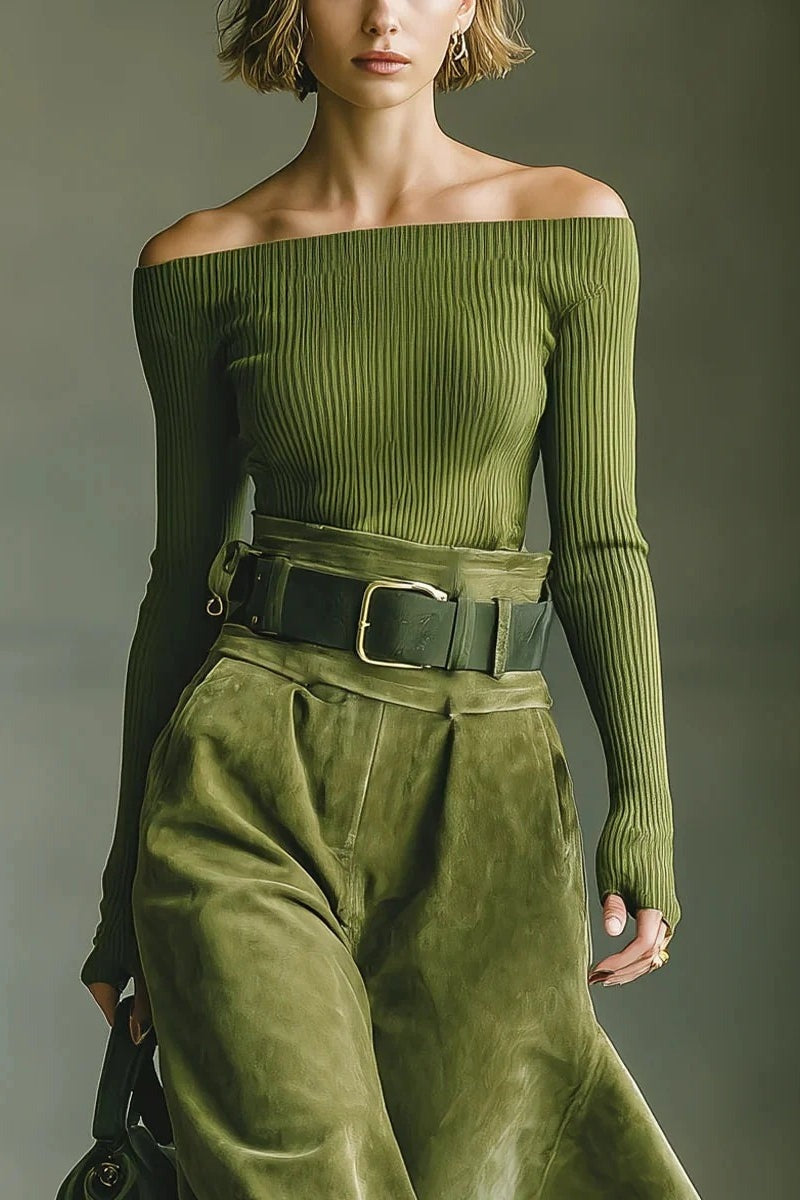 Ensemble haut à épaules dénudées et jupe en faux daim (ceinture incluse)