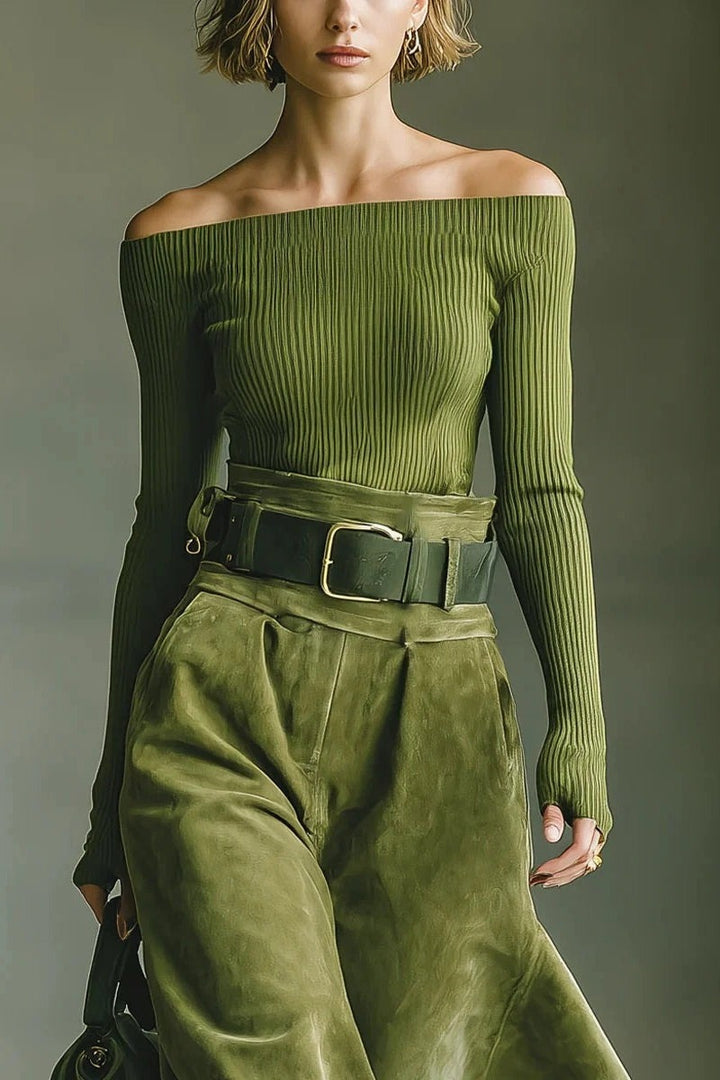 Ensemble haut à épaules dénudées et jupe en faux daim (ceinture incluse)