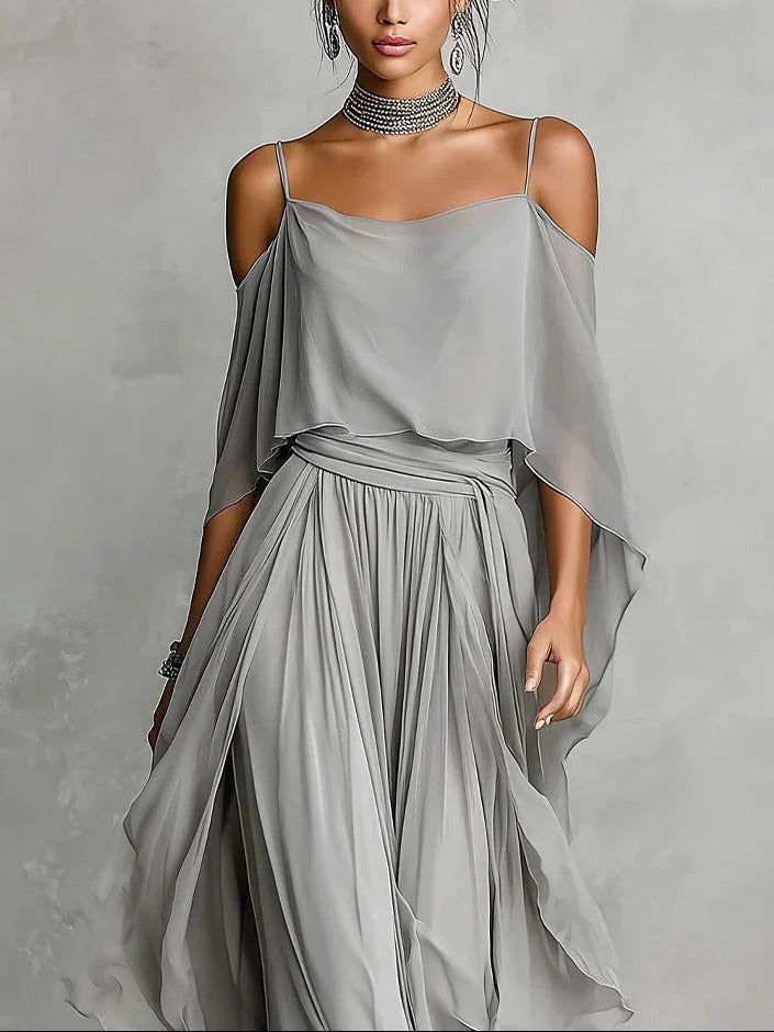 Renata | Gray Fluid Set with Spaghetti Strap Top and Lightweight Pants