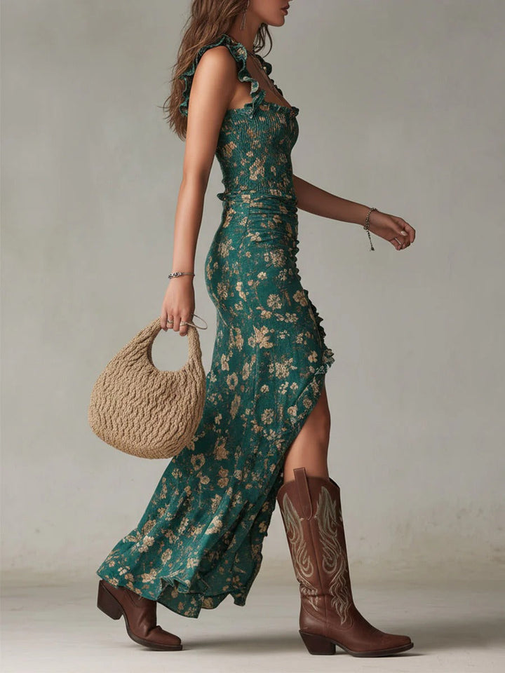 Zara | Vestido Largo Bohemio Floral con Fruncidos y Abertura Lateral
