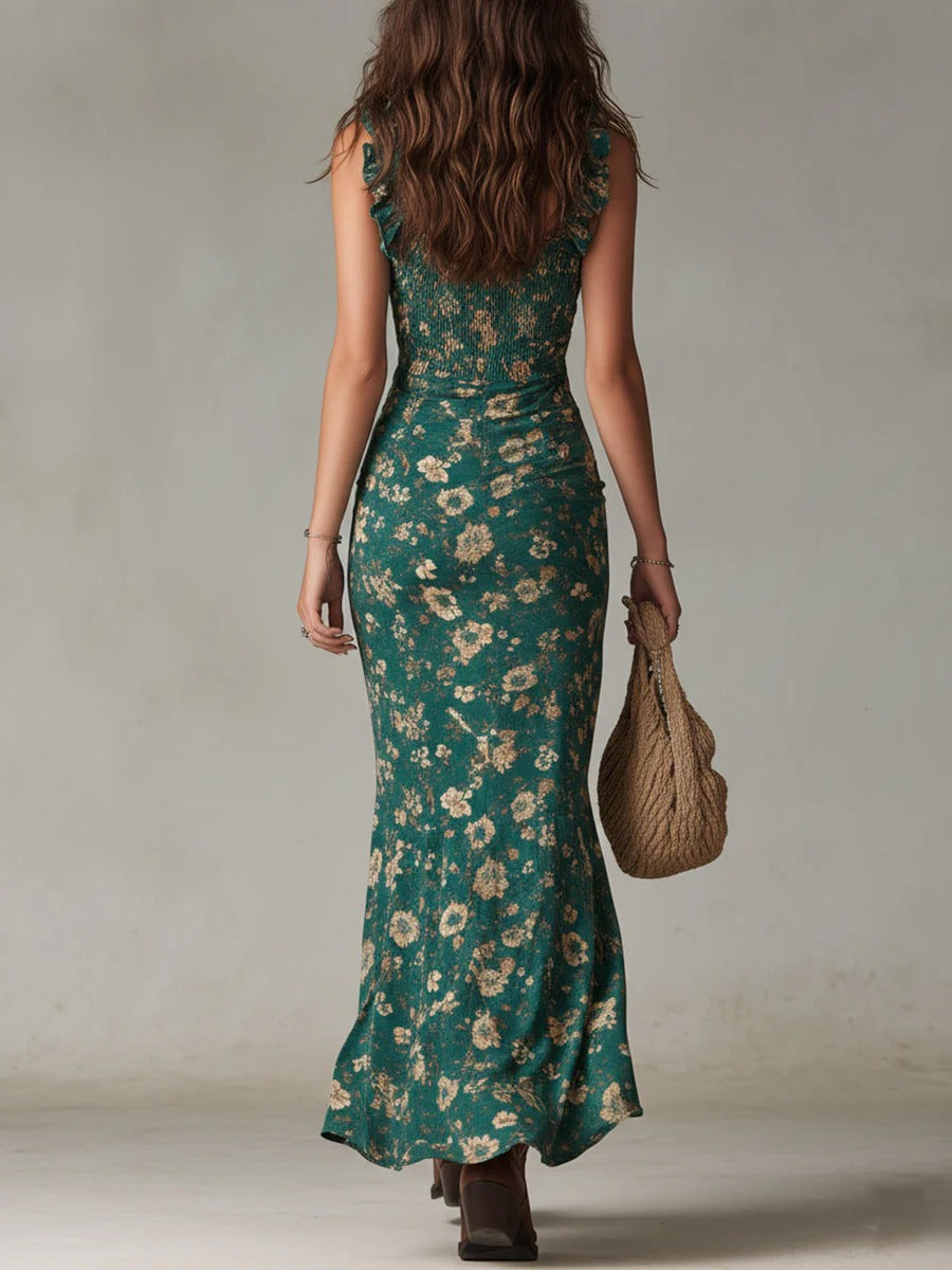 Zara | Vestido Largo Bohemio Floral con Fruncidos y Abertura Lateral