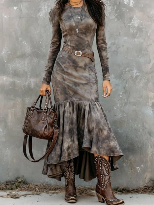 Robe midi vintage à ourlet évasé (ceinture incluse)
