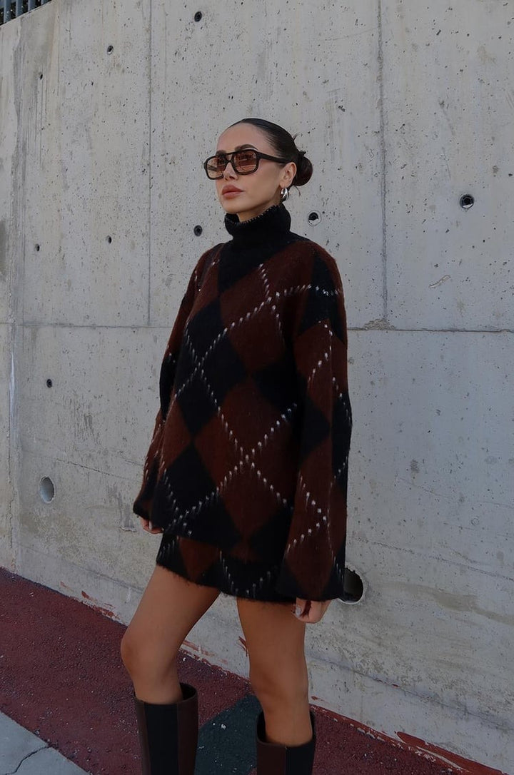 Ensemble jupe et pull Caridi marron à motif losanges