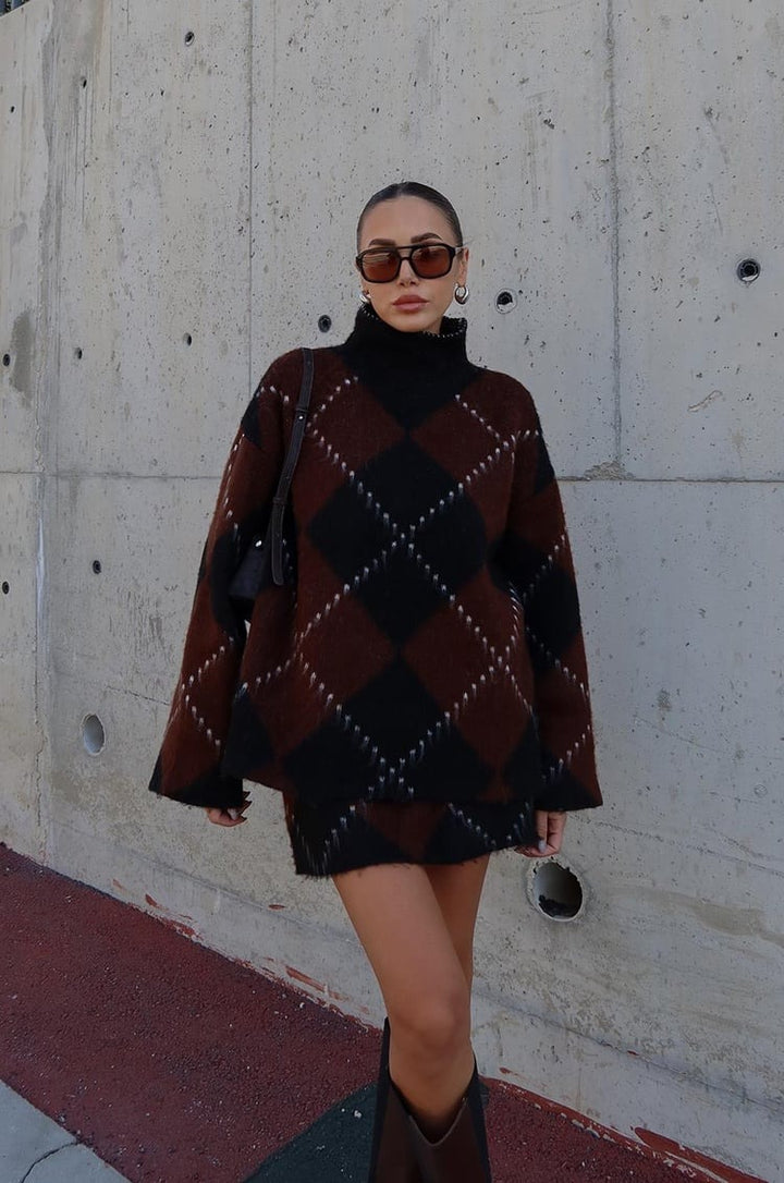 Ensemble jupe et pull Caridi marron à motif losanges