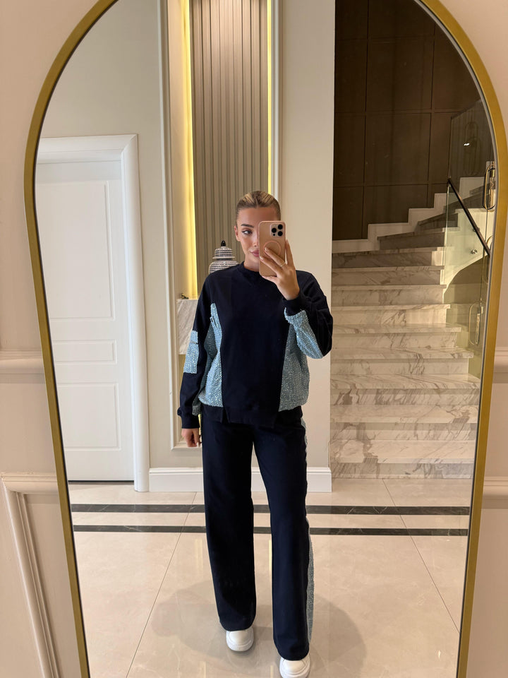 Ensemble deux pièces en denim bleu marine orné