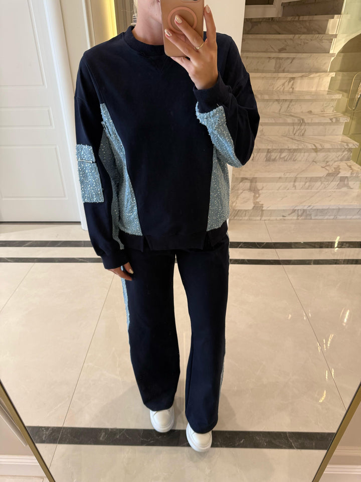 Ensemble deux pièces en denim bleu marine orné