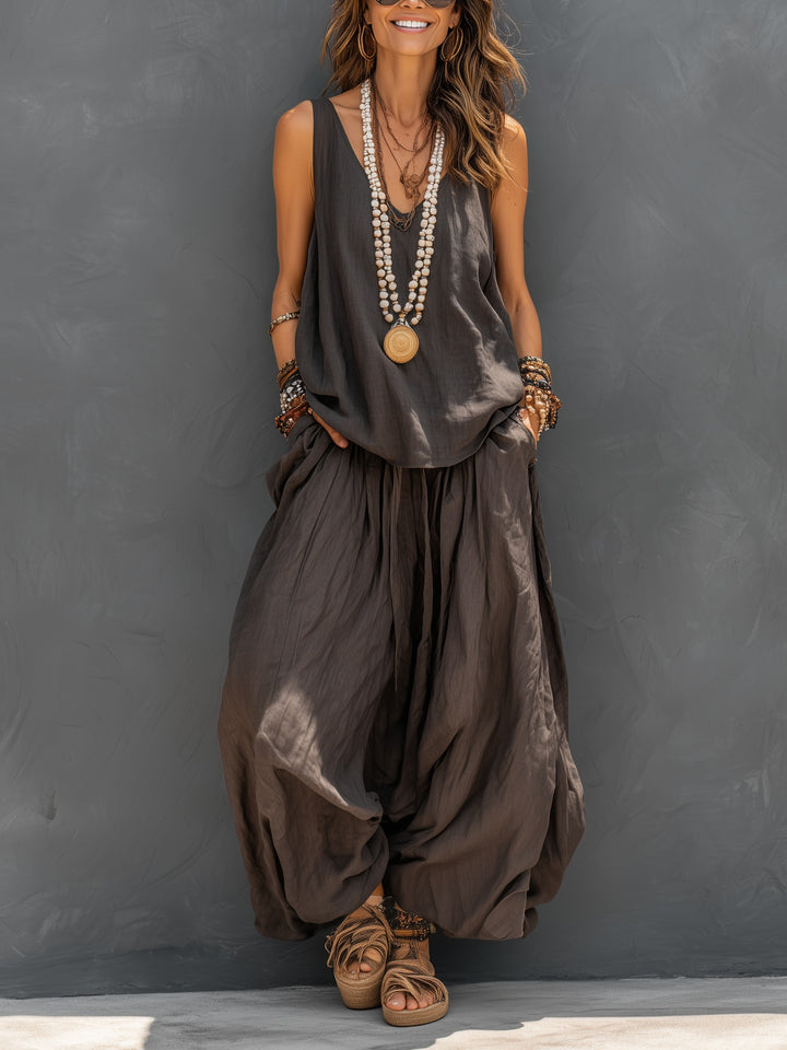 Ensemble débardeur en mélange coton-lin assorti à un pantalon ample