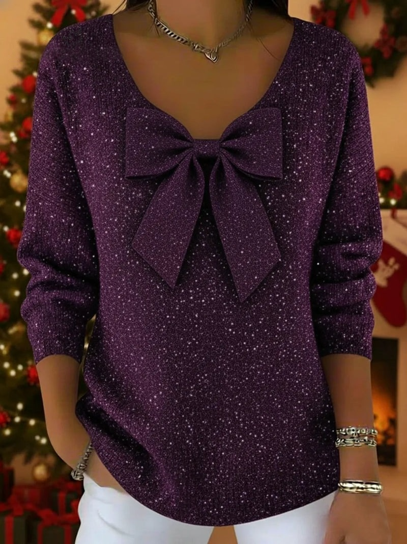 Pull de Noël scintillant à col en V et nœud papillon