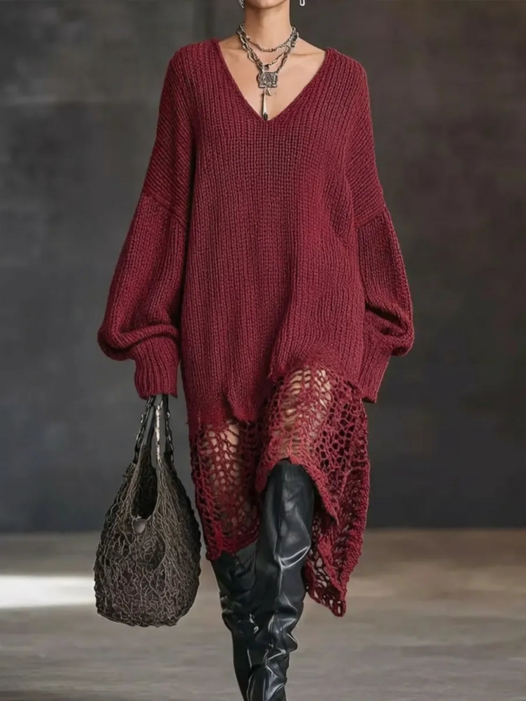 Robe pull à col en V pour femme avec ourlet ajouré