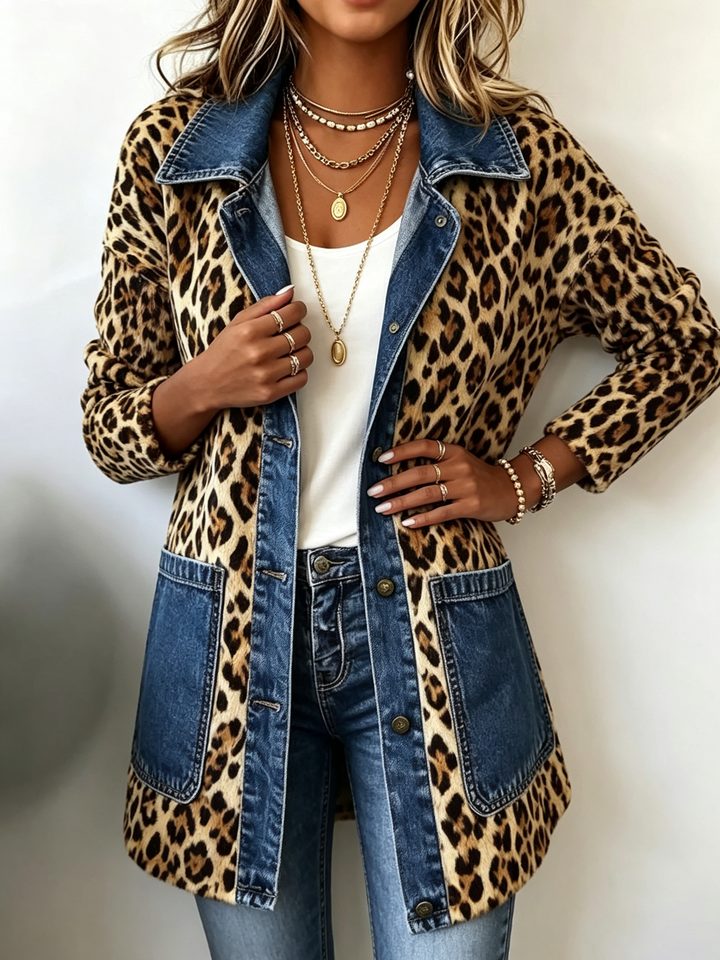 Maria™ | Long Contrast Denim Jacket with Leopard Print
