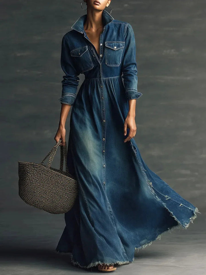 Robe midi en jean délavé à col montant