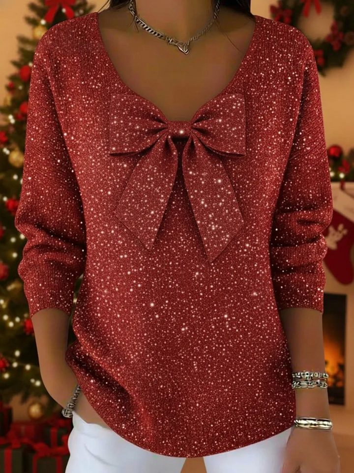 Pull de Noël scintillant à col en V et nœud papillon