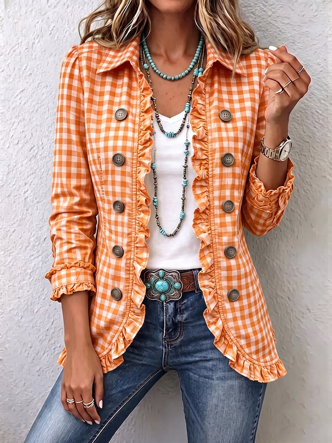 Caterina™ | Striped Button-Down Jacket with Ruffles
