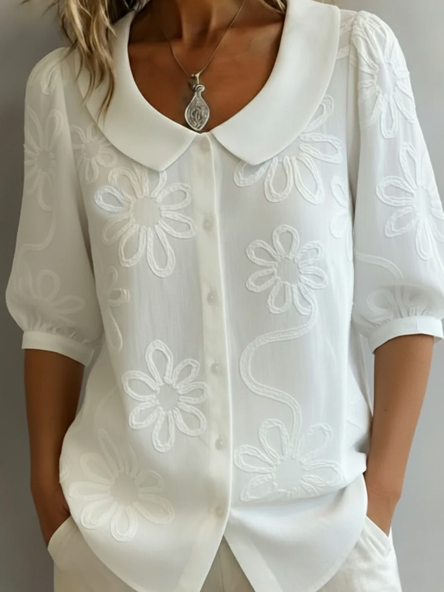 Chemise vintage à col Peter Pan brodée de fleurs