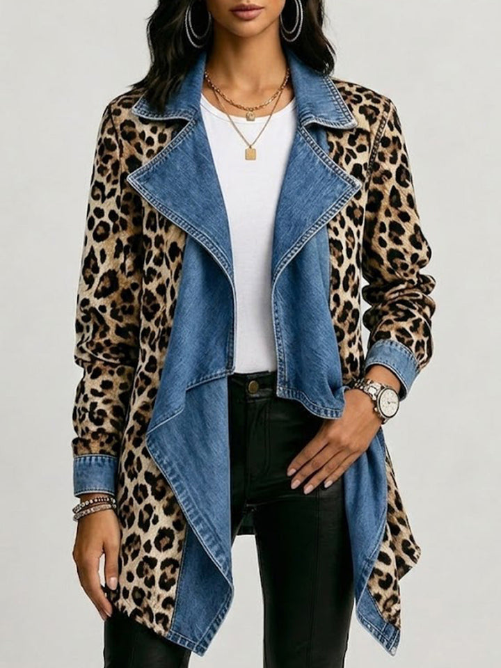 Rosa™ | Mid-Length Jacket with Leopard Print and Washed Denim Panels