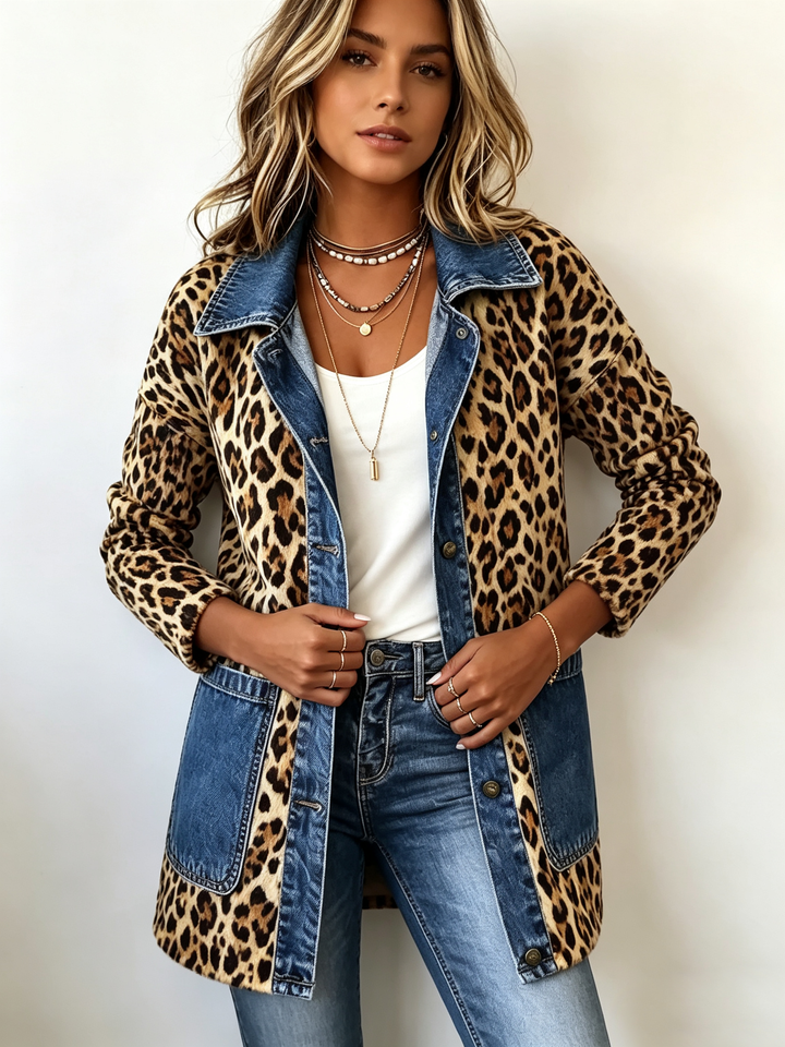 Maria™ | Long Contrast Denim Jacket with Leopard Print