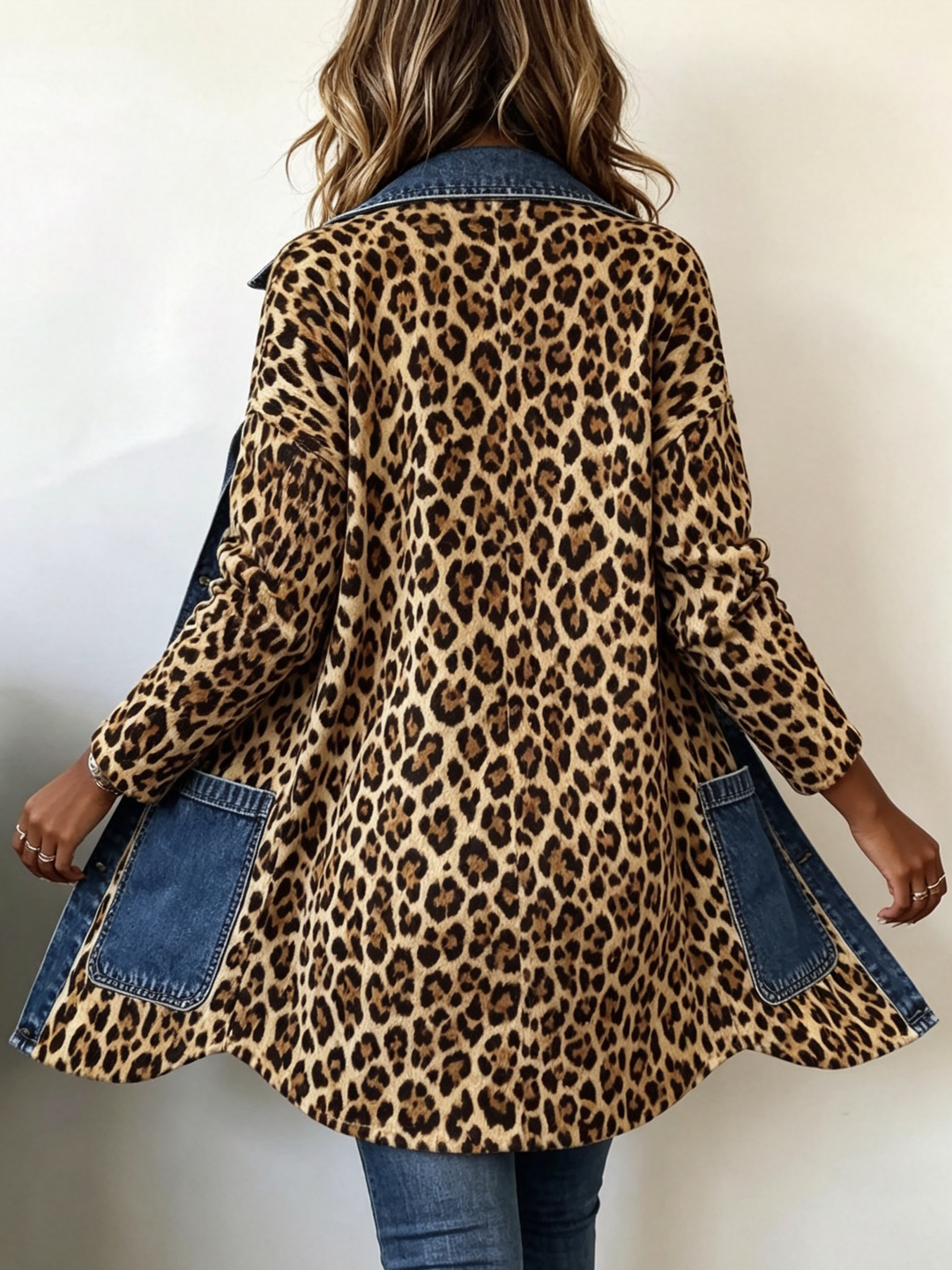 Maria™ | Long Contrast Denim Jacket with Leopard Print