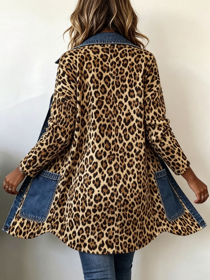 Maria™ | Long Contrast Denim Jacket with Leopard Print