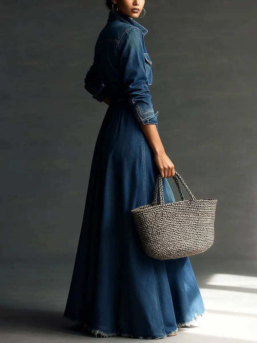 Robe midi en jean délavé à col montant