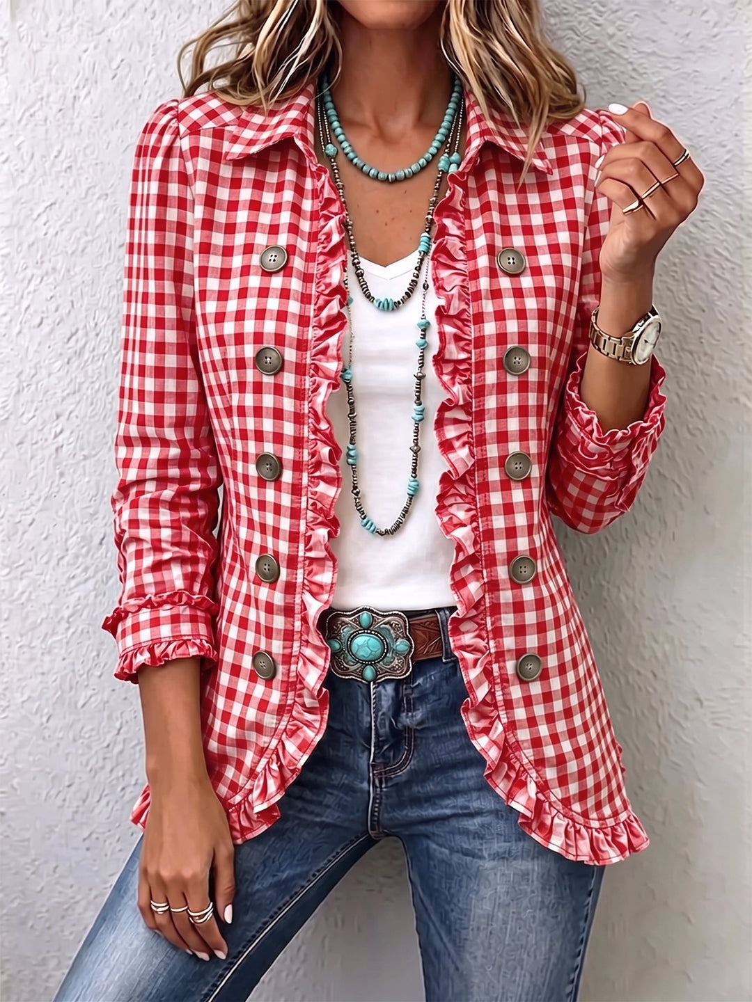 Caterina™ | Striped Button-Down Jacket with Ruffles