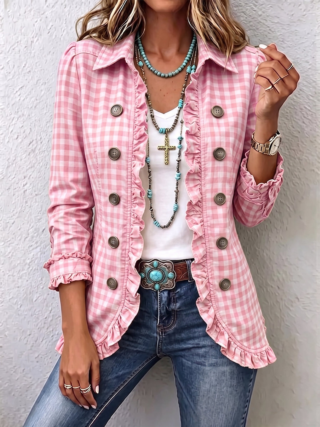 Caterina™ | Striped Button-Down Jacket with Ruffles