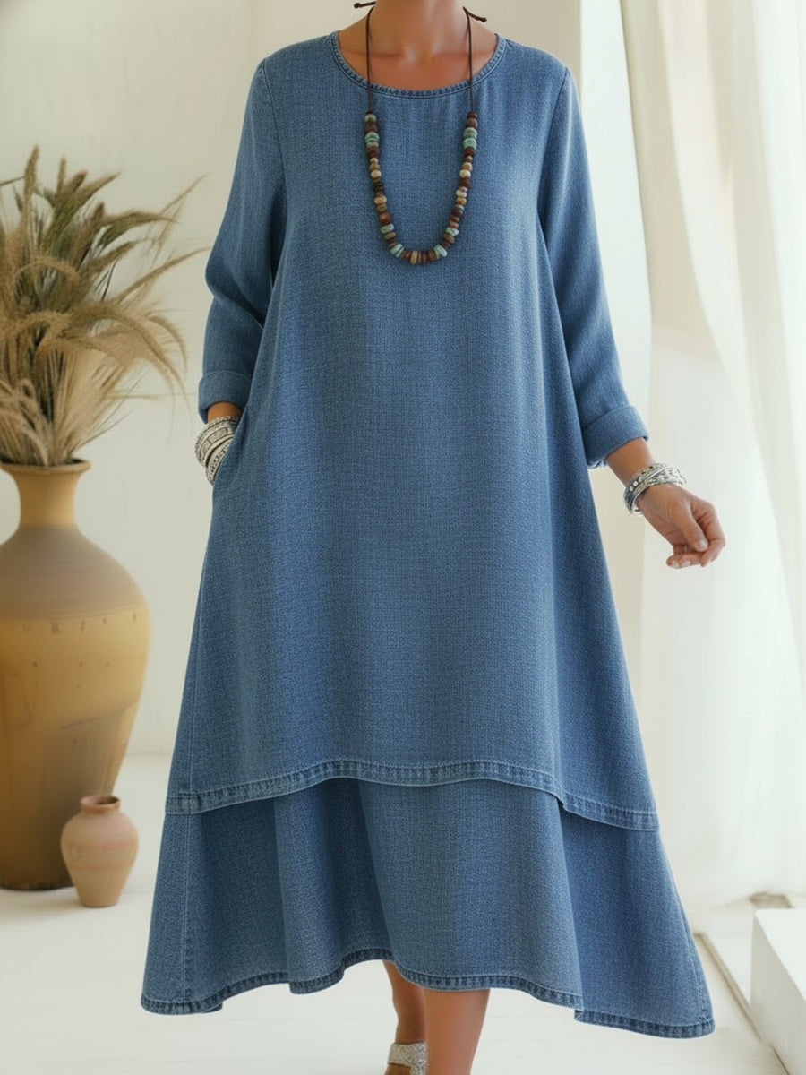 Robe en jean élégante à ourlet double épaisseur