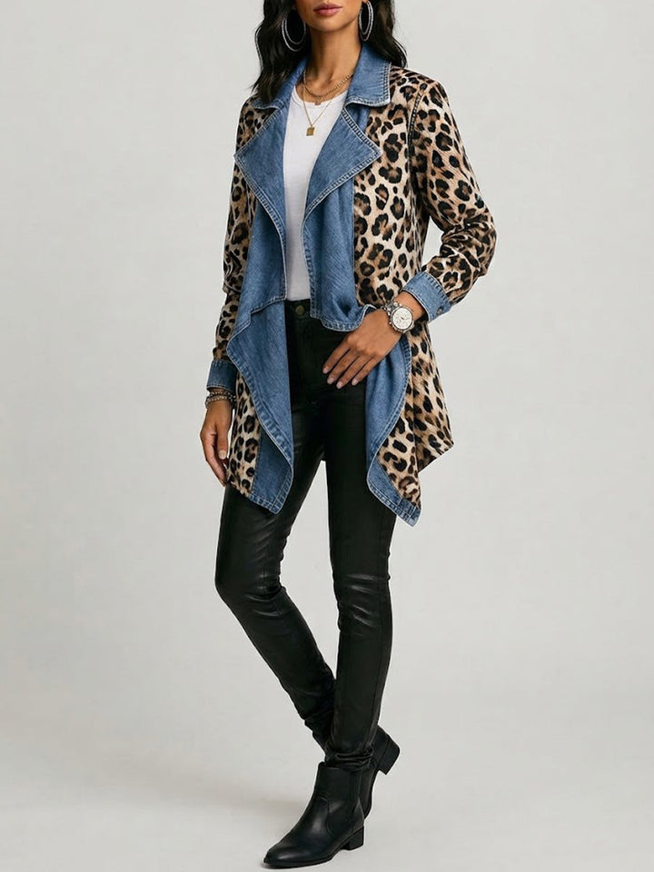 Rosa™ | Mid-Length Jacket with Leopard Print and Washed Denim Panels