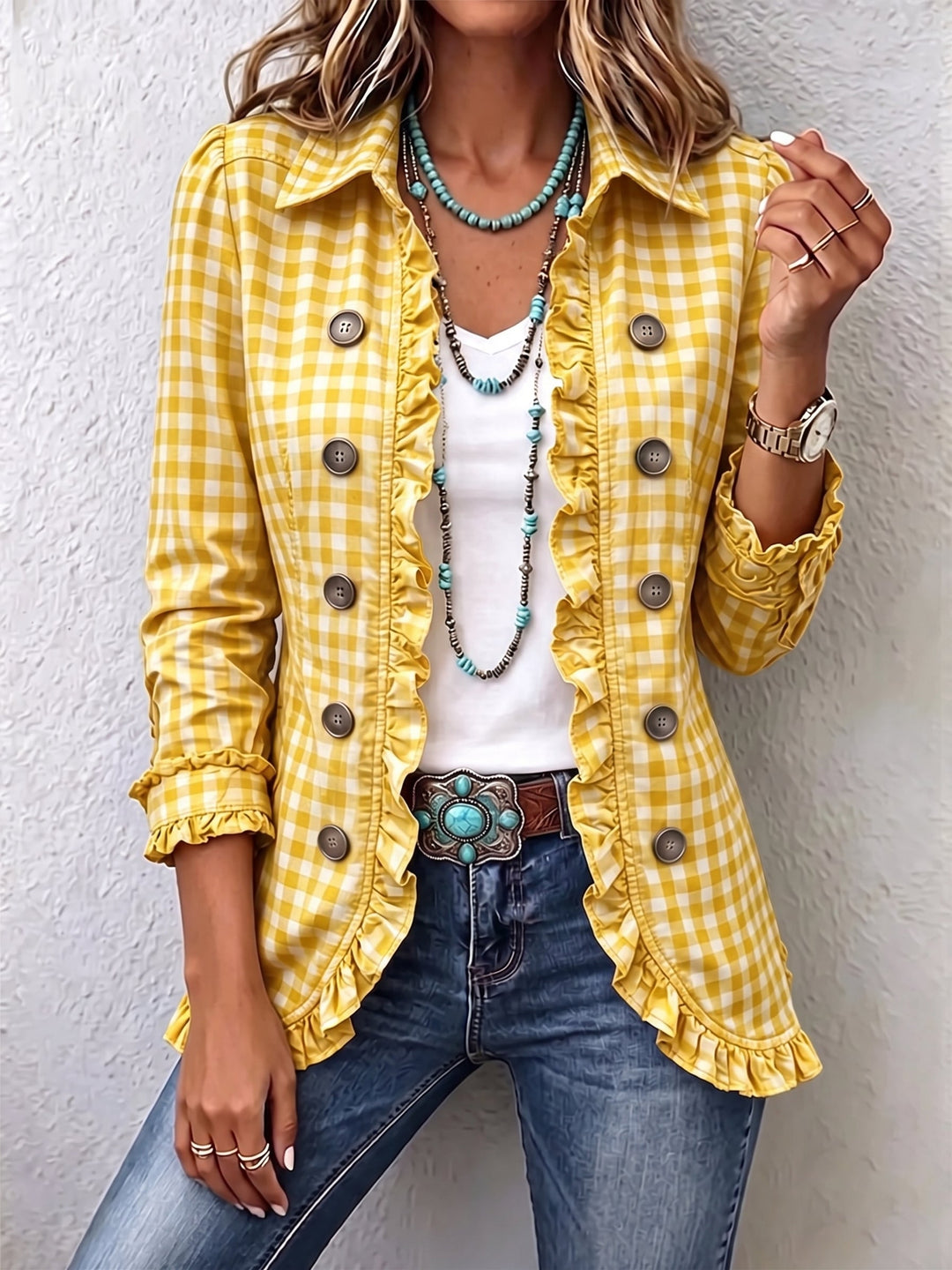 Caterina™ | Striped Button-Down Jacket with Ruffles