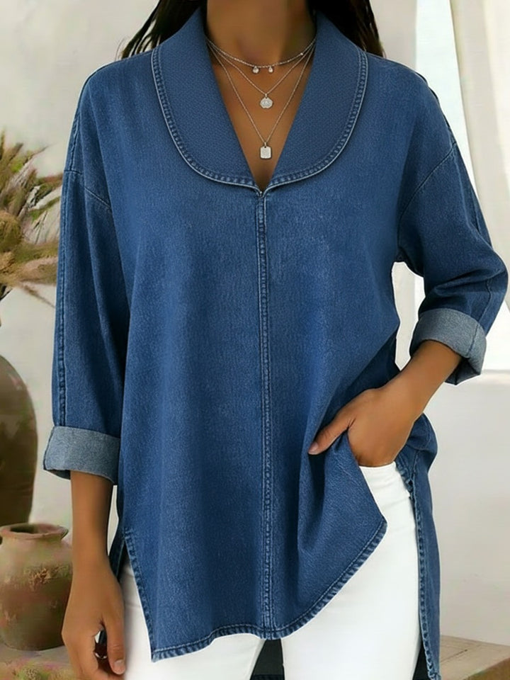 Haut en denim et coton à col châle rétro